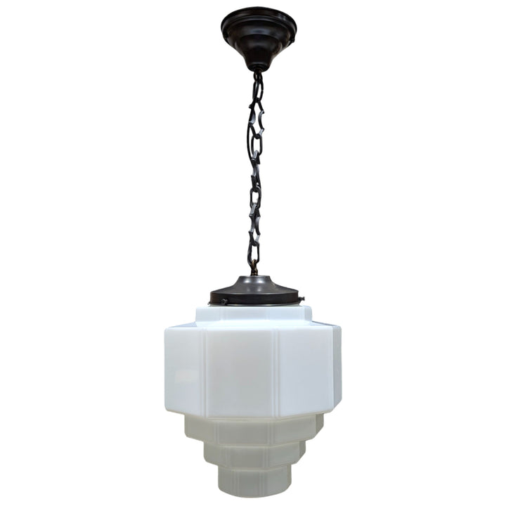 ##Antique Hardware## Stepped Art Deco Glass Semi-Flush Standard Chain Light (Several Finishes Available)