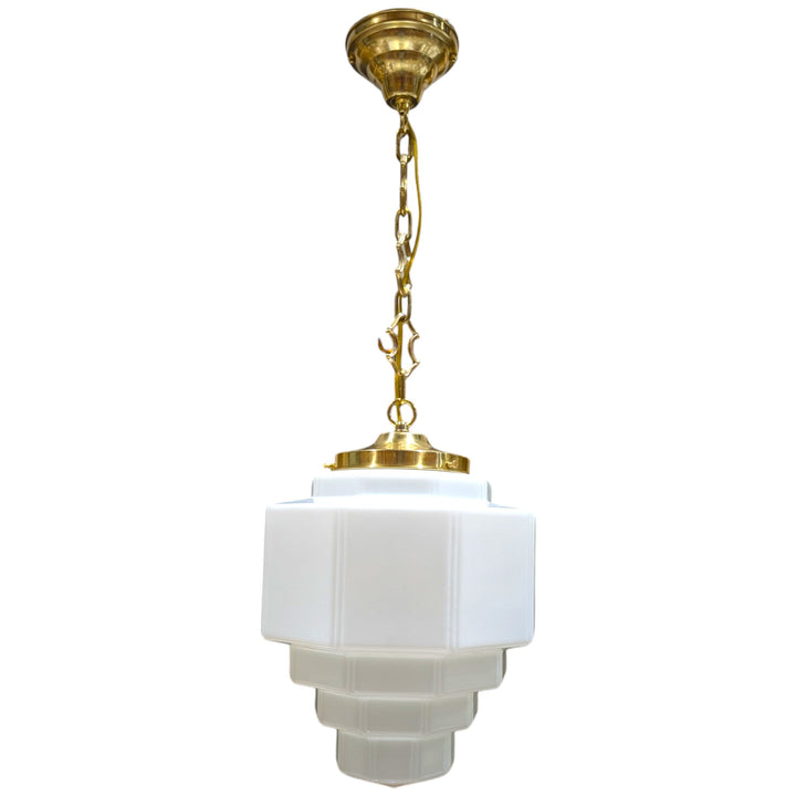 ##Antique Hardware## Stepped Art Deco Glass Semi-Flush Standard Chain Light (Several Finishes Available)