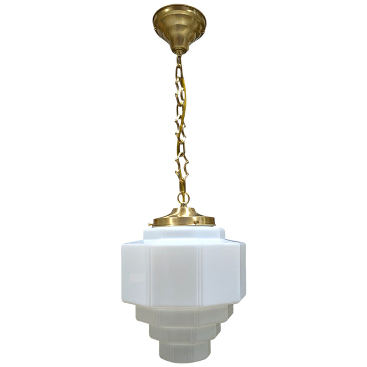 ##Antique Hardware## Stepped Art Deco Glass Semi-Flush Standard Chain Light (Several Finishes Available)