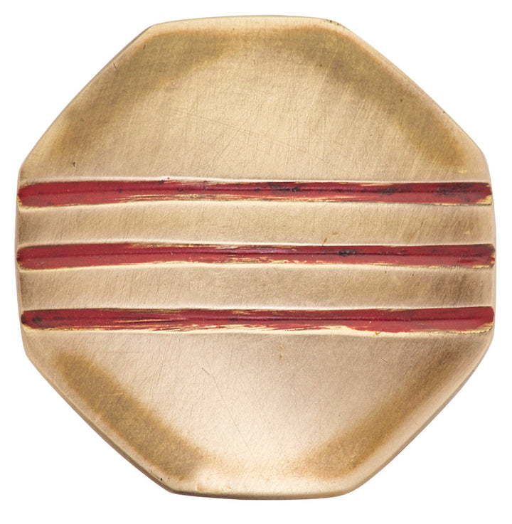 ##Antique Hardware## 1 Inch Triple Red Striped Octagon Solid Brass Cabinet and Furniture Knob