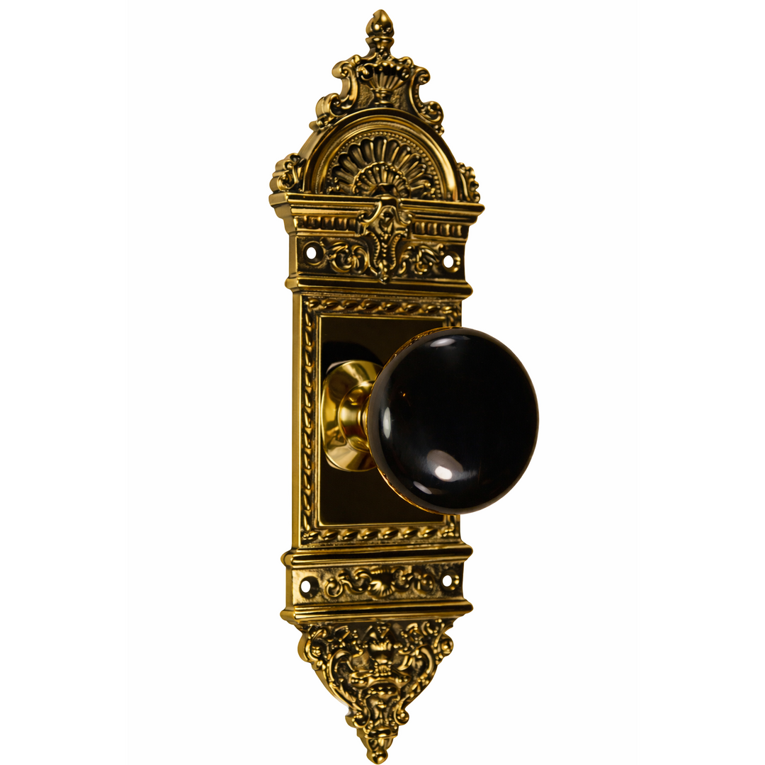 L'Enfant Small Backplate Door Set with Black Porcelain Door Knobs (Several Finishes Available)