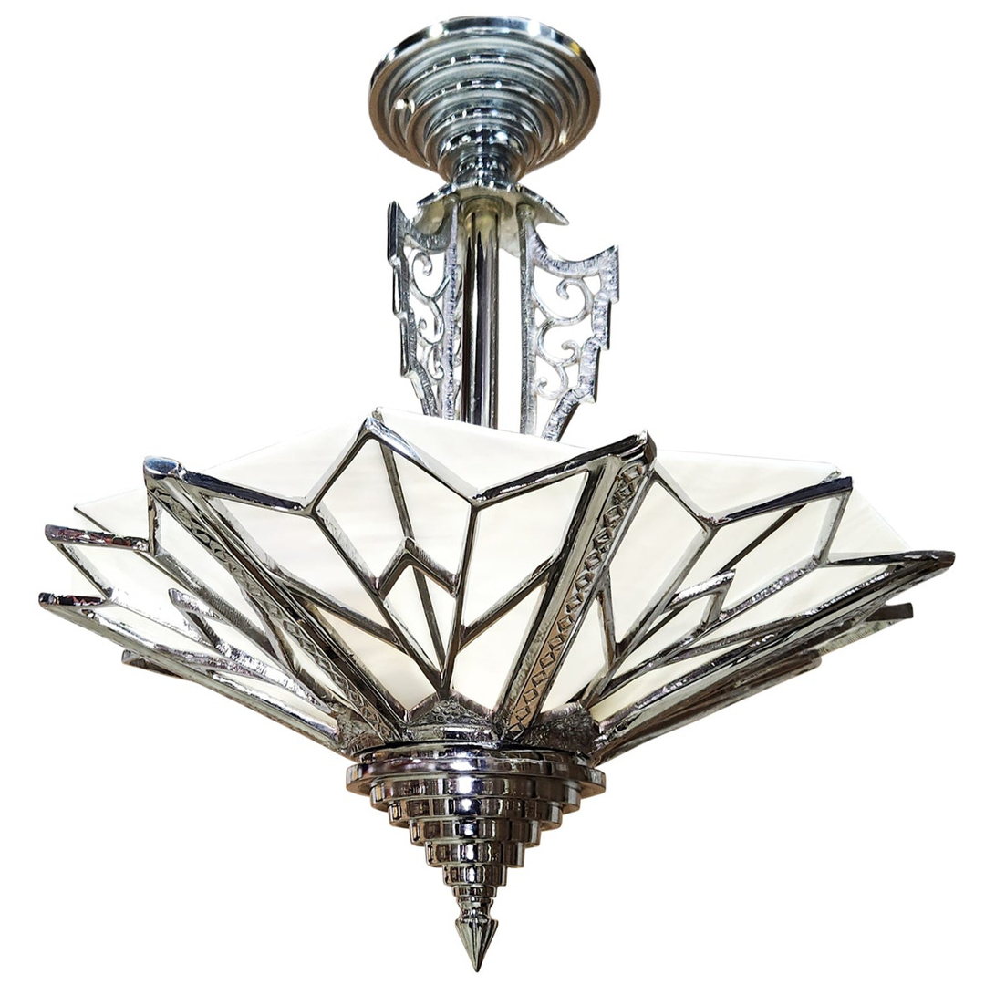 ##Antique Hardware## 17 Inch Classic Art Deco Close Ceiling Light with White Stained Glass (Polished Chrome Finish)