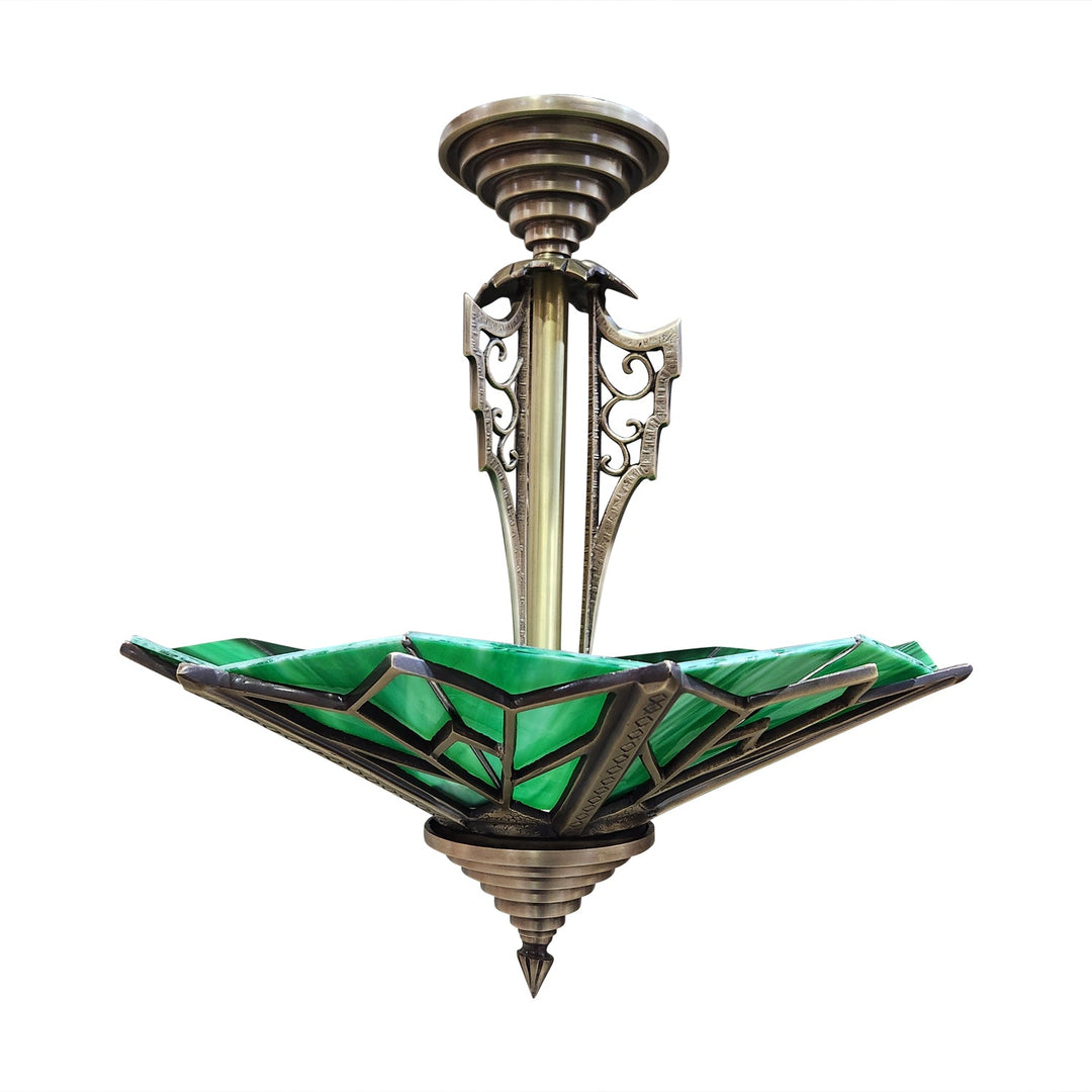 ##Antique Hardware## 17 Inch Classic Art Deco Close Ceiling Light with Deco Green Glass (Antique Brass Finish)