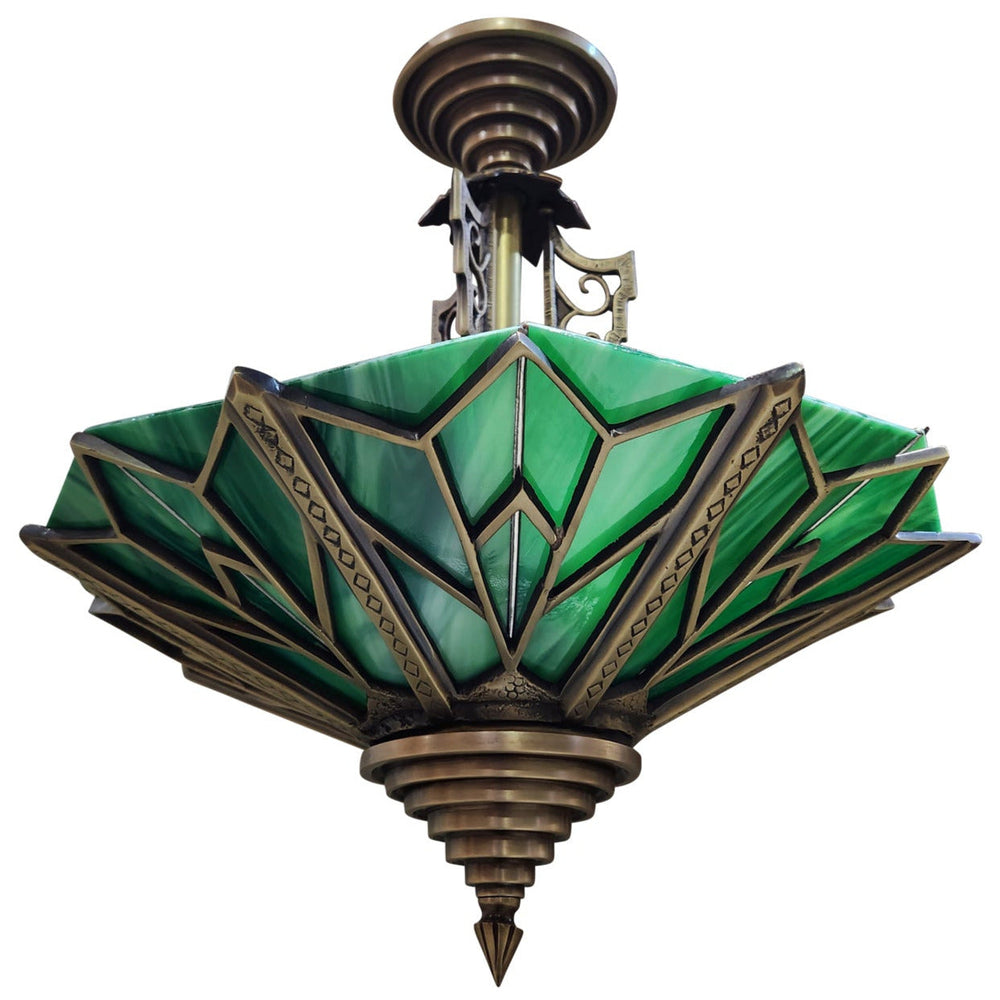 ##Antique Hardware## 17 Inch Classic Art Deco Close Ceiling Light with Deco Green Glass (Antique Brass Finish)