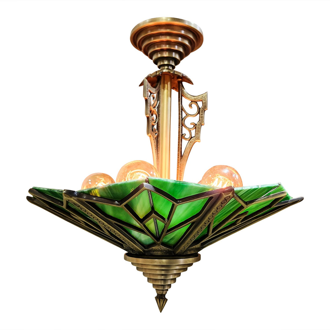 ##Antique Hardware## 17 Inch Classic Art Deco Close Ceiling Light with Deco Green Glass (Antique Brass Finish)