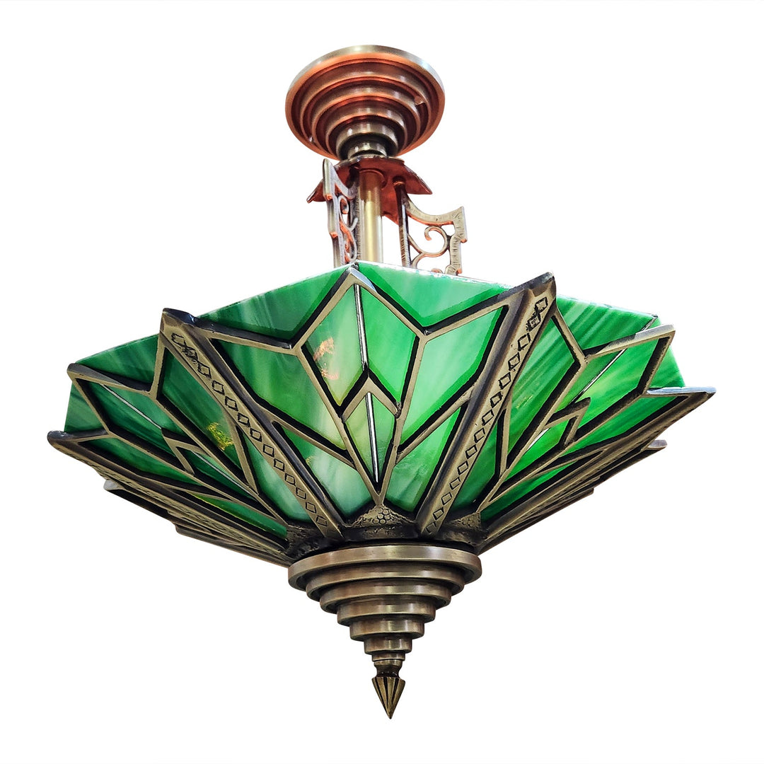 ##Antique Hardware## 17 Inch Classic Art Deco Close Ceiling Light with Deco Green Glass (Antique Brass Finish)