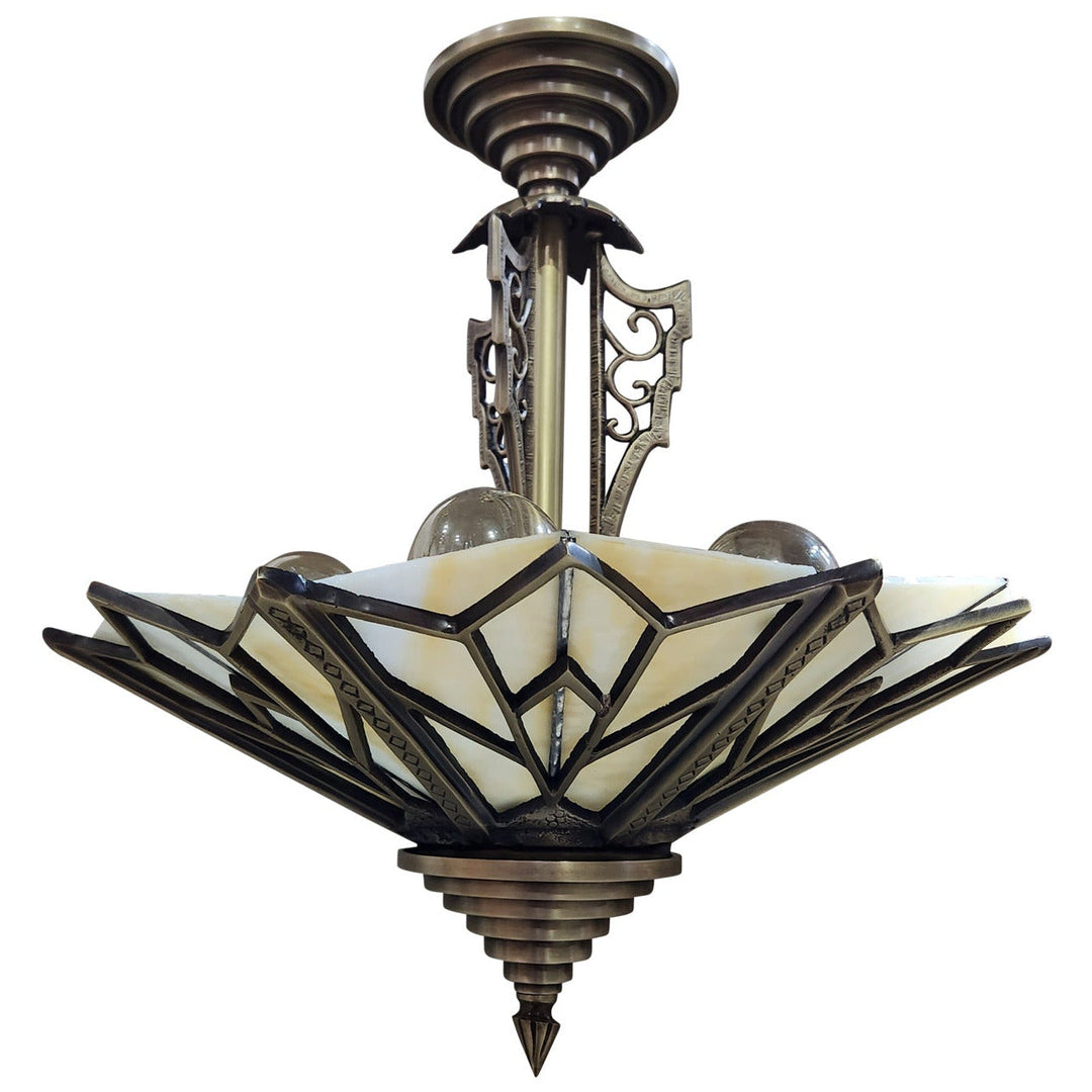 ##Antique Hardware## 17 Inch Classic Art Deco Close Ceiling Light with Amber Glass (Antique Brass Finish)