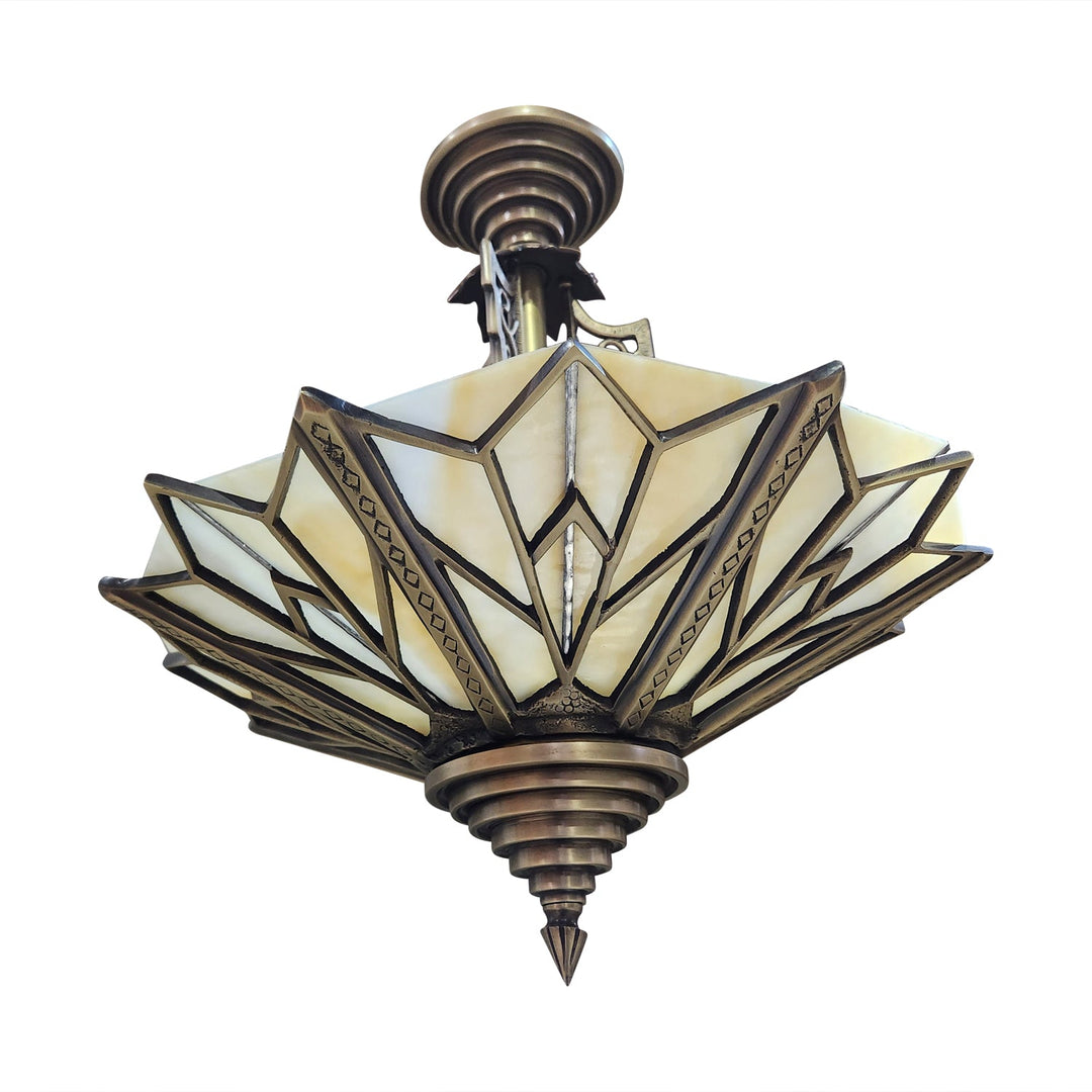 ##Antique Hardware## 17 Inch Classic Art Deco Close Ceiling Light with Amber Glass (Antique Brass Finish)