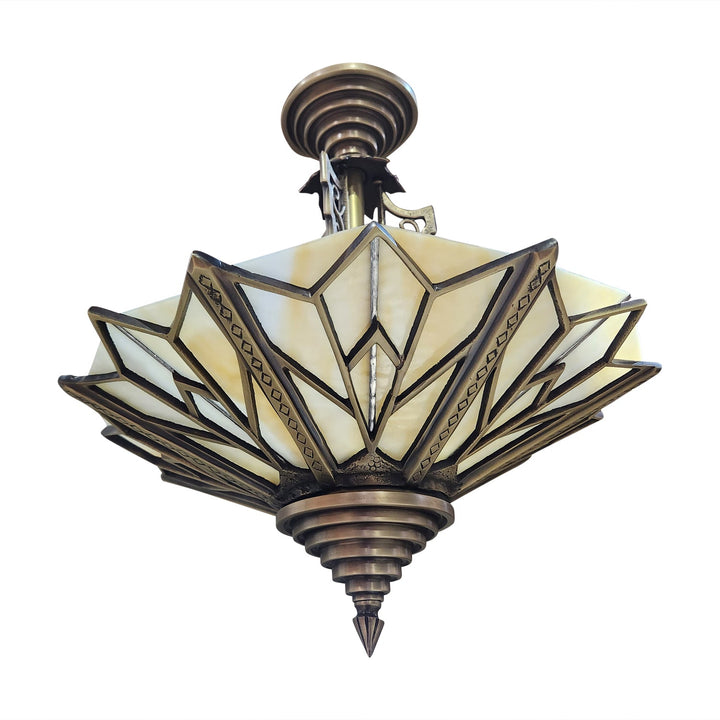 ##Antique Hardware## 17 Inch Classic Art Deco Close Ceiling Light with Amber Glass (Antique Brass Finish)