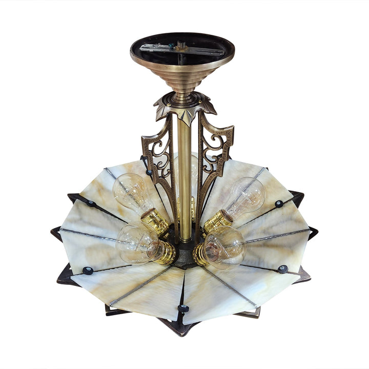 ##Antique Hardware## 17 Inch Classic Art Deco Close Ceiling Light with Amber Glass (Antique Brass Finish)