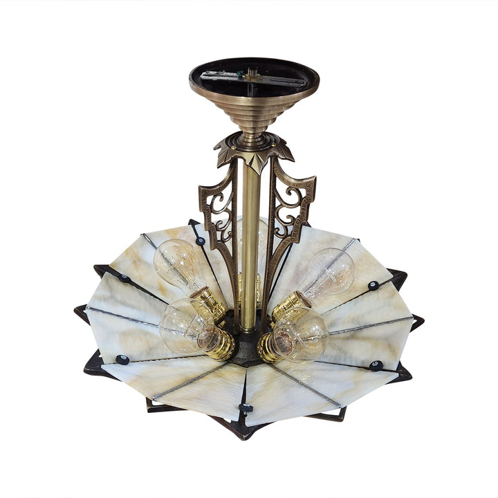 ##Antique Hardware## 17 Inch Classic Art Deco Close Ceiling Light with Amber Glass (Antique Brass Finish)