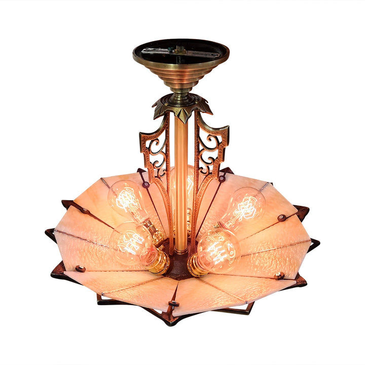 ##Antique Hardware## 17 Inch Classic Art Deco Close Ceiling Light with Amber Glass (Antique Brass Finish)