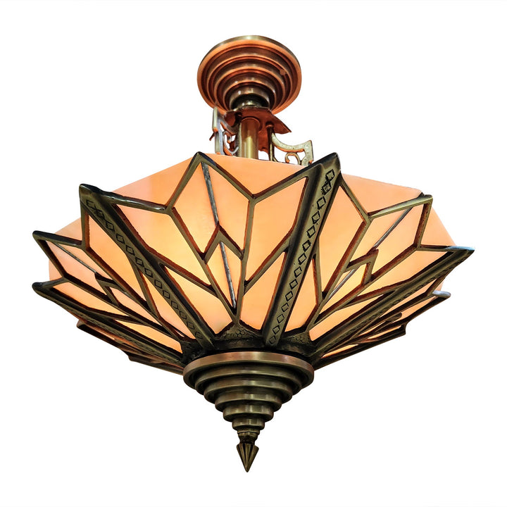 ##Antique Hardware## 17 Inch Classic Art Deco Close Ceiling Light with Amber Glass (Antique Brass Finish)