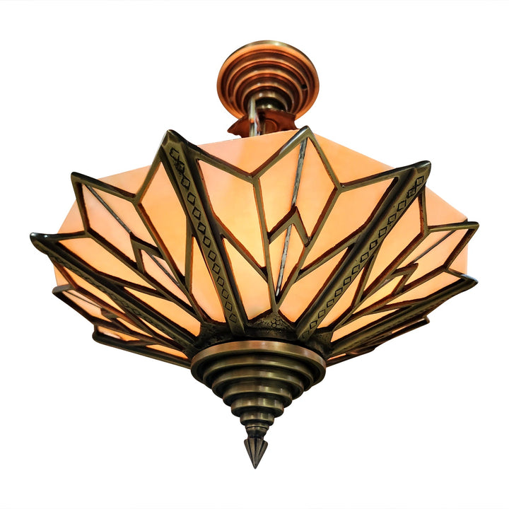 ##Antique Hardware## 17 Inch Classic Art Deco Close Ceiling Light with Amber Glass (Antique Brass Finish)