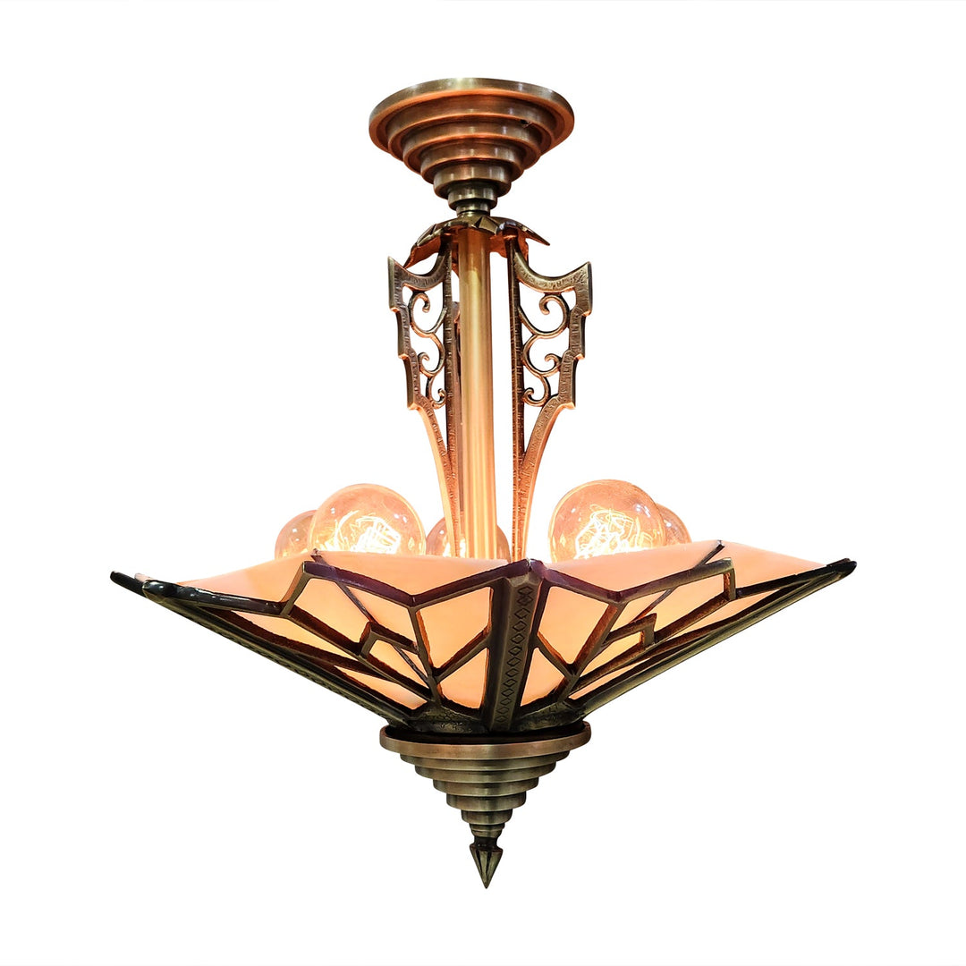 ##Antique Hardware## 17 Inch Classic Art Deco Close Ceiling Light with Amber Glass (Antique Brass Finish)