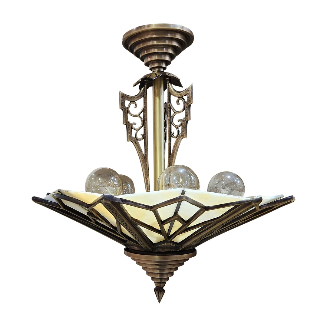 ##Antique Hardware## 17 Inch Classic Art Deco Close Ceiling Light with Pink Champagne Glass (Antique Brass Finish)