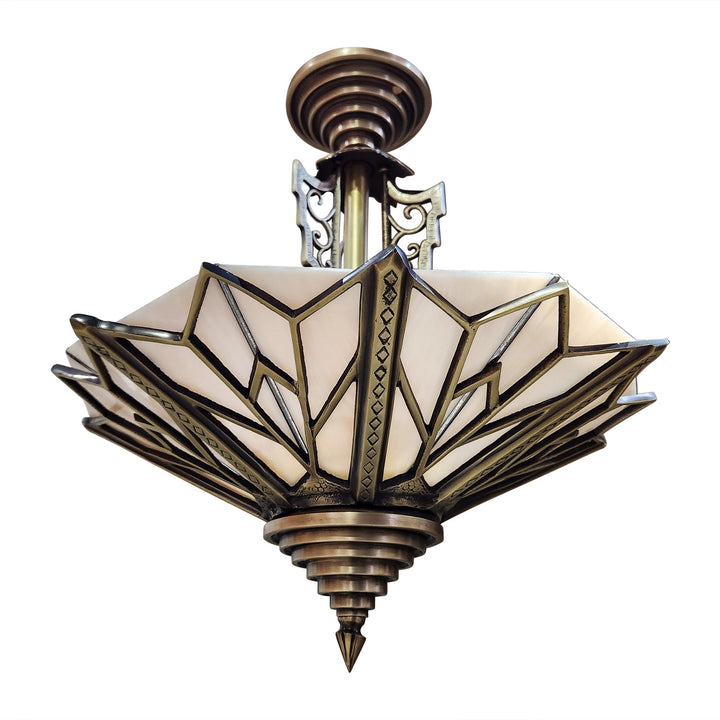 ##Antique Hardware## 17 Inch Classic Art Deco Close Ceiling Light with Pink Champagne Glass (Antique Brass Finish)