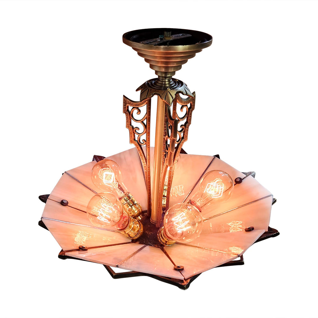 ##Antique Hardware## 17 Inch Classic Art Deco Close Ceiling Light with Pink Champagne Glass (Antique Brass Finish)