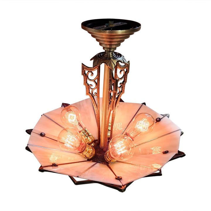 ##Antique Hardware## 17 Inch Classic Art Deco Close Ceiling Light with Pink Champagne Glass (Antique Brass Finish)