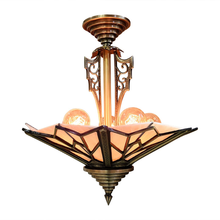 ##Antique Hardware## 17 Inch Classic Art Deco Close Ceiling Light with Pink Champagne Glass (Antique Brass Finish)