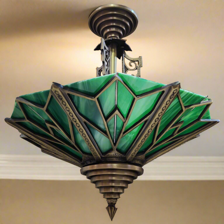 ##Antique Hardware## 17 Inch Classic Art Deco Close Ceiling Light with Deco Green Glass (Antique Brass Finish)