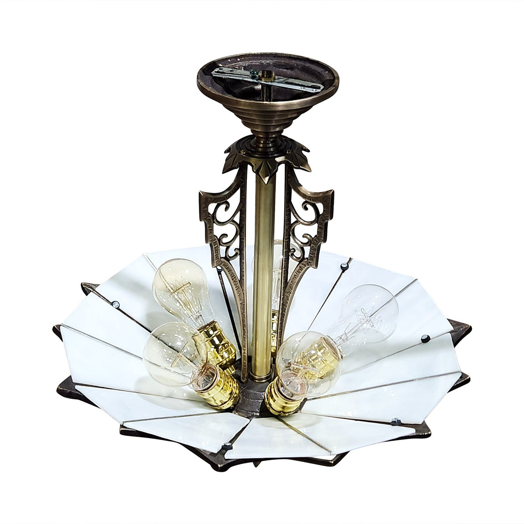 ##Antique Hardware## 17 Inch Classic Art Deco Close Ceiling Light with White Stained Glass (Antique Brass Finish)