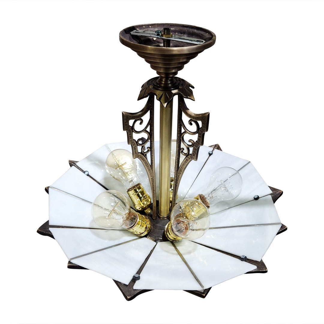 ##Antique Hardware## 17 Inch Classic Art Deco Close Ceiling Light with White Stained Glass (Antique Brass Finish)