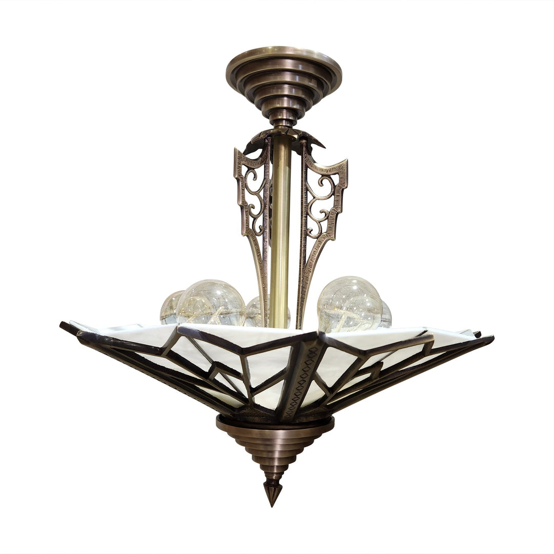 ##Antique Hardware## 17 Inch Classic Art Deco Close Ceiling Light with White Stained Glass (Antique Brass Finish)