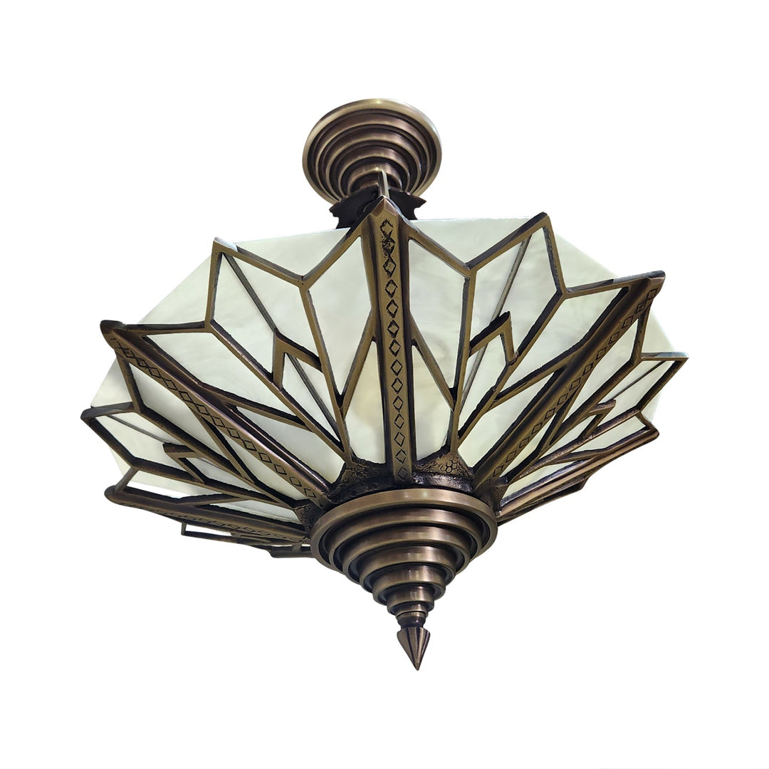 ##Antique Hardware## 17 Inch Classic Art Deco Close Ceiling Light with White Stained Glass (Antique Brass Finish)