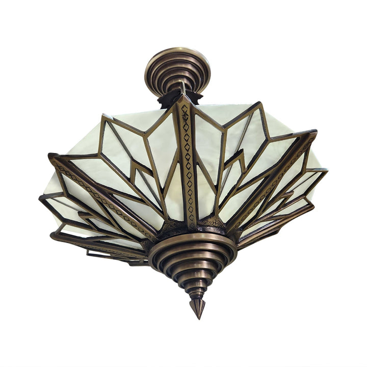 ##Antique Hardware## 17 Inch Classic Art Deco Close Ceiling Light with White Stained Glass (Antique Brass Finish)