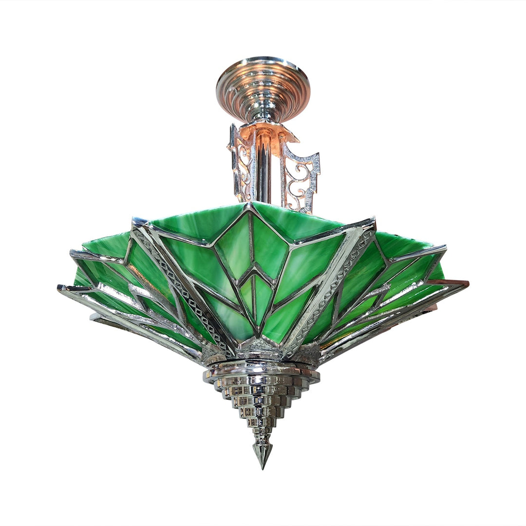 ##Antique Hardware## 17 Inch Classic Art Deco Close Ceiling Light with Deco Green Glass (Polished Chrome Finish)