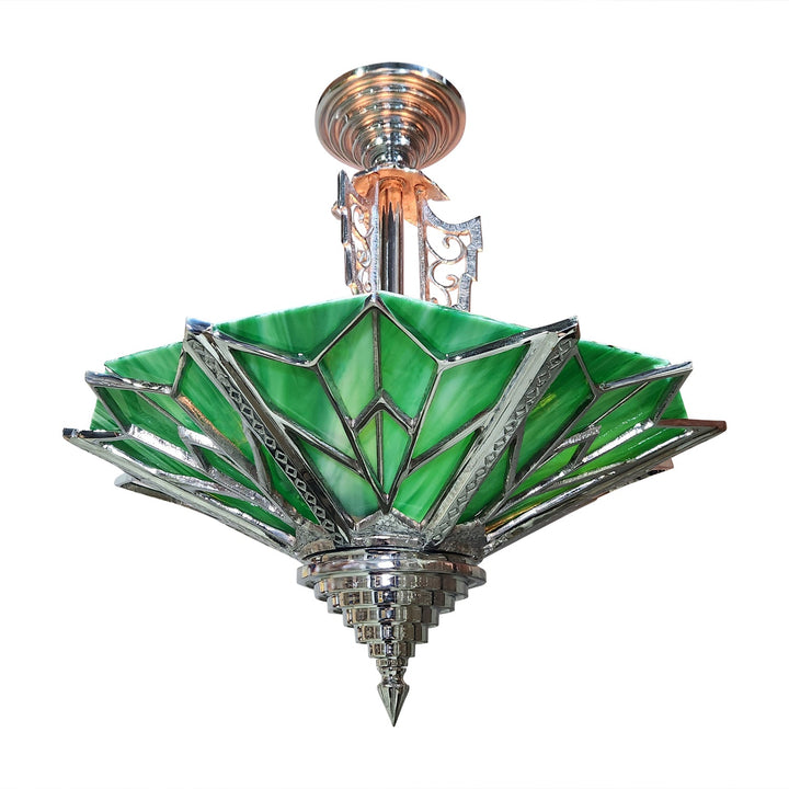 ##Antique Hardware## 17 Inch Classic Art Deco Close Ceiling Light with Deco Green Glass (Polished Chrome Finish)