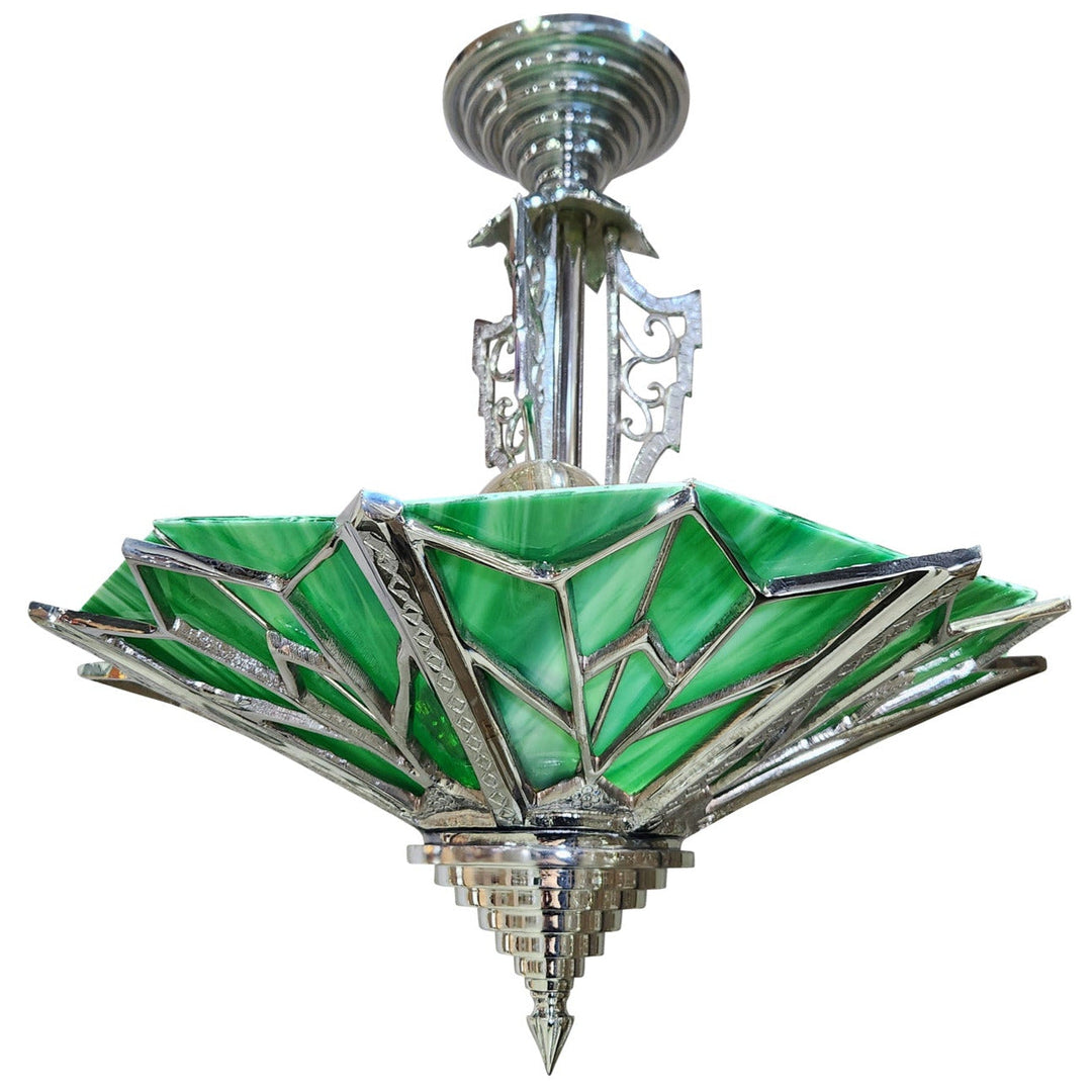 ##Antique Hardware## 17 Inch Classic Art Deco Close Ceiling Light with Deco Green Glass (Polished Chrome Finish)