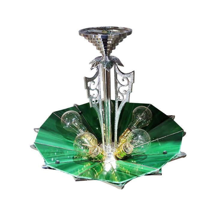 ##Antique Hardware## 17 Inch Classic Art Deco Close Ceiling Light with Deco Green Glass (Polished Chrome Finish)