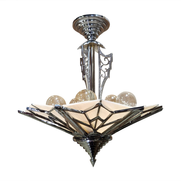 ##Antique Hardware## 17 Inch Classic Art Deco Close Ceiling Light with Pink Champagne Glass (Polished Chrome Finish)