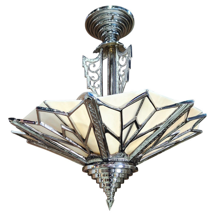 ##Antique Hardware## 17 Inch Classic Art Deco Close Ceiling Light with Pink Champagne Glass (Polished Chrome Finish)