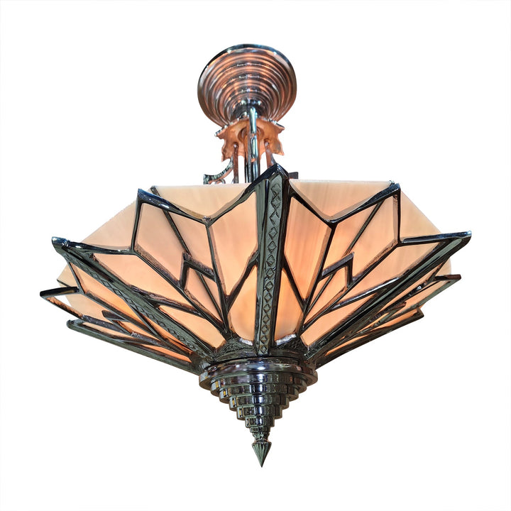 ##Antique Hardware## 17 Inch Classic Art Deco Close Ceiling Light with Pink Champagne Glass (Polished Chrome Finish)