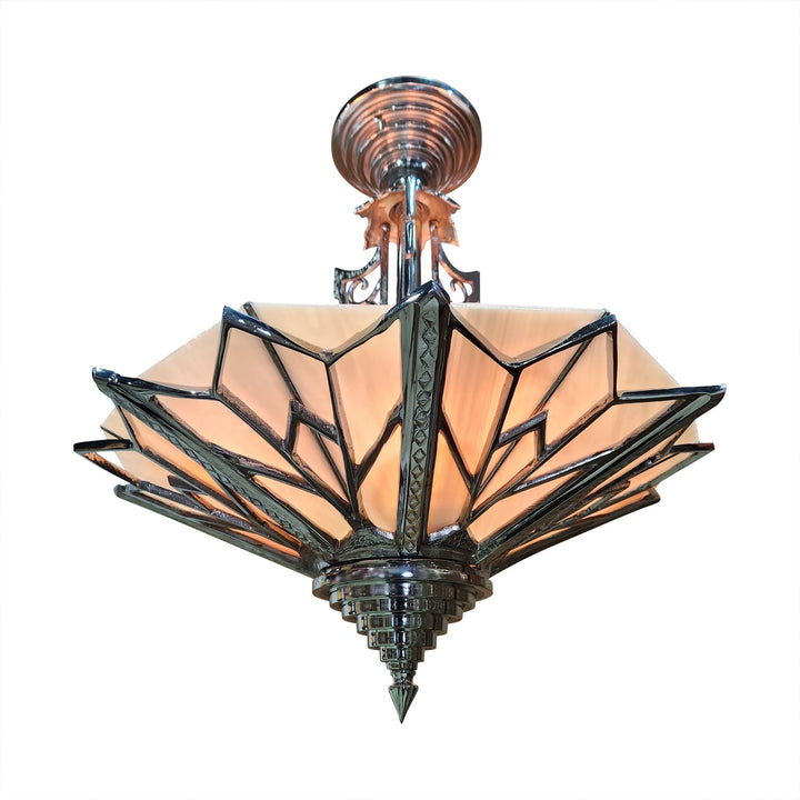 ##Antique Hardware## 17 Inch Classic Art Deco Close Ceiling Light with Pink Champagne Glass (Polished Chrome Finish)