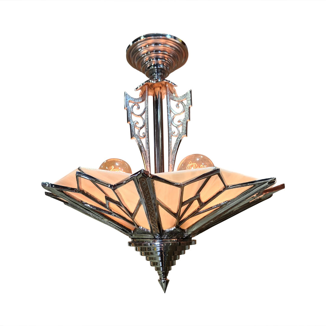 ##Antique Hardware## 17 Inch Classic Art Deco Close Ceiling Light with Pink Champagne Glass (Polished Chrome Finish)