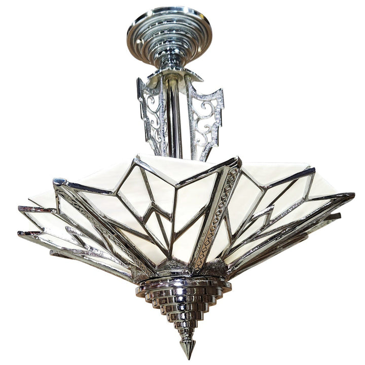 ##Antique Hardware## 17 Inch Classic Art Deco Close Ceiling Light with White Stained Glass (Polished Chrome Finish)