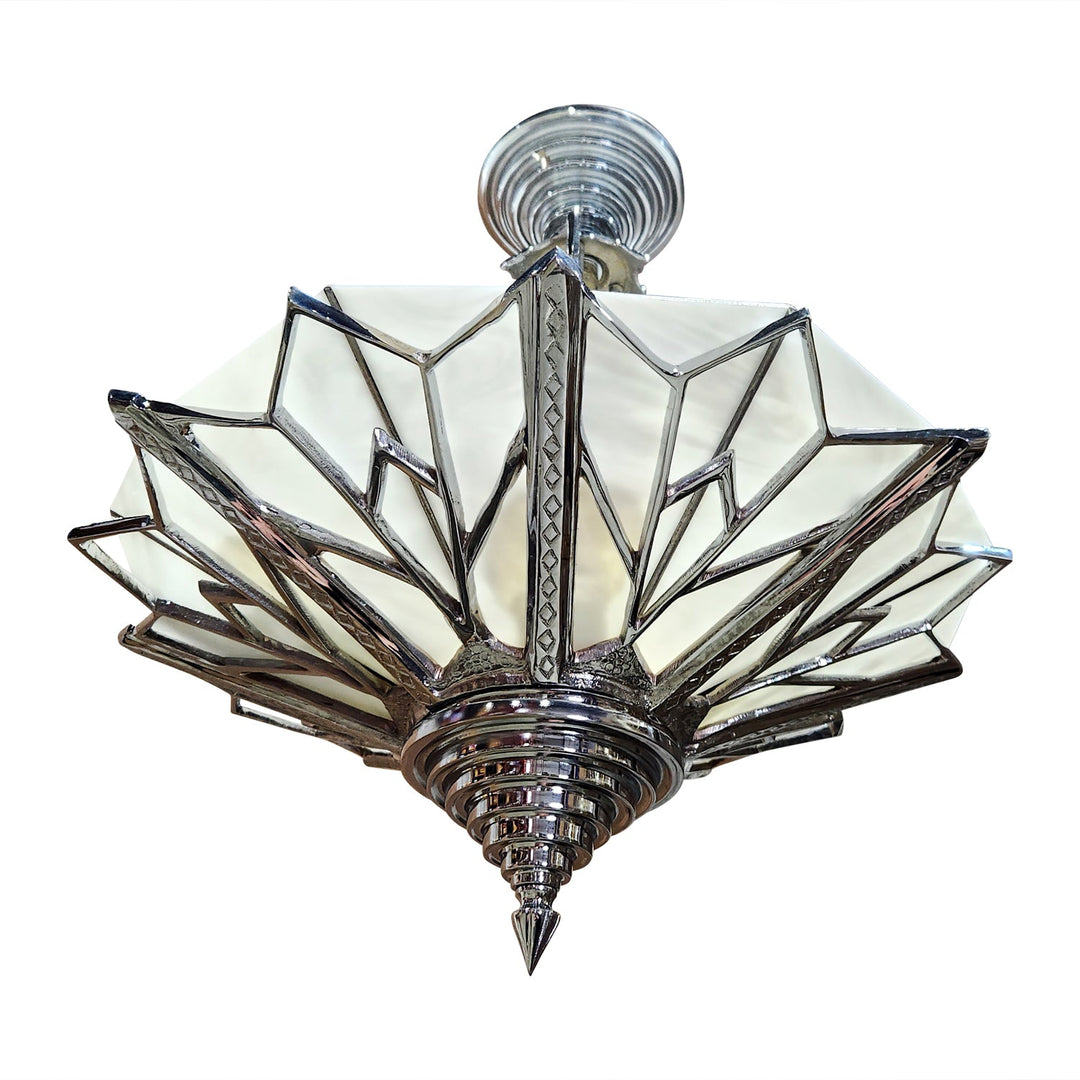 ##Antique Hardware## 17 Inch Classic Art Deco Close Ceiling Light with White Stained Glass (Polished Chrome Finish)