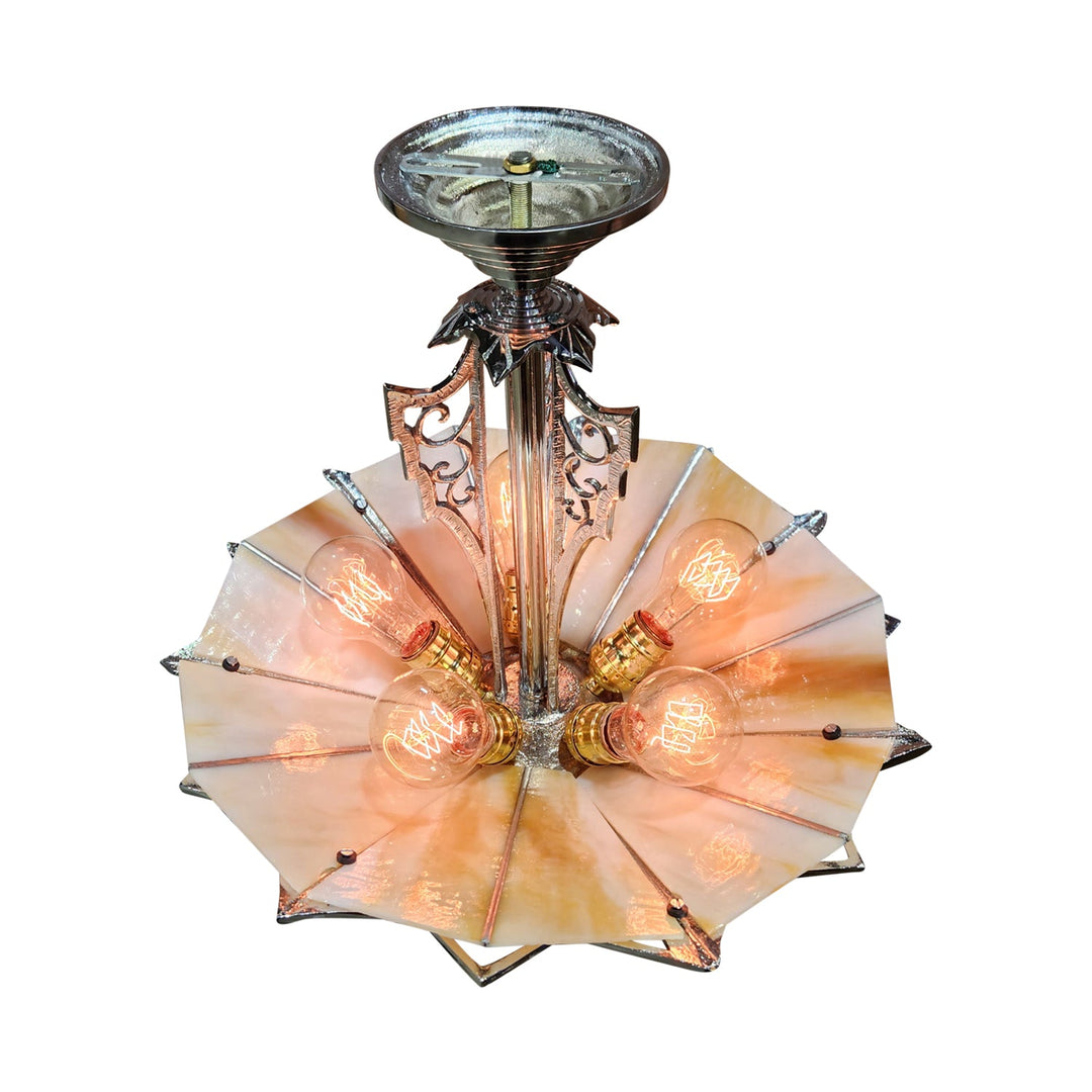 ##Antique Hardware## 17 Inch Classic Art Deco Close Ceiling Light with Amber Glass (Polished Chrome Finish)