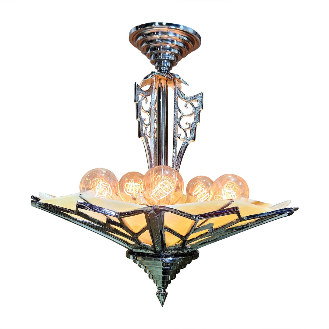 ##Antique Hardware## 17 Inch Classic Art Deco Close Ceiling Light with Amber Glass (Polished Chrome Finish)