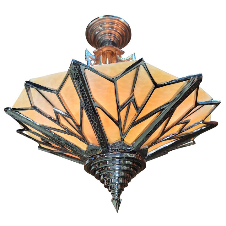 ##Antique Hardware## 17 Inch Classic Art Deco Close Ceiling Light with Amber Glass (Polished Chrome Finish)