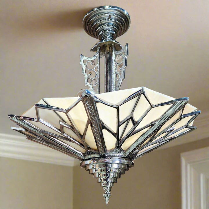 ##Antique Hardware## 17 Inch Classic Art Deco Close Ceiling Light with Pink Champagne Glass (Polished Chrome Finish)