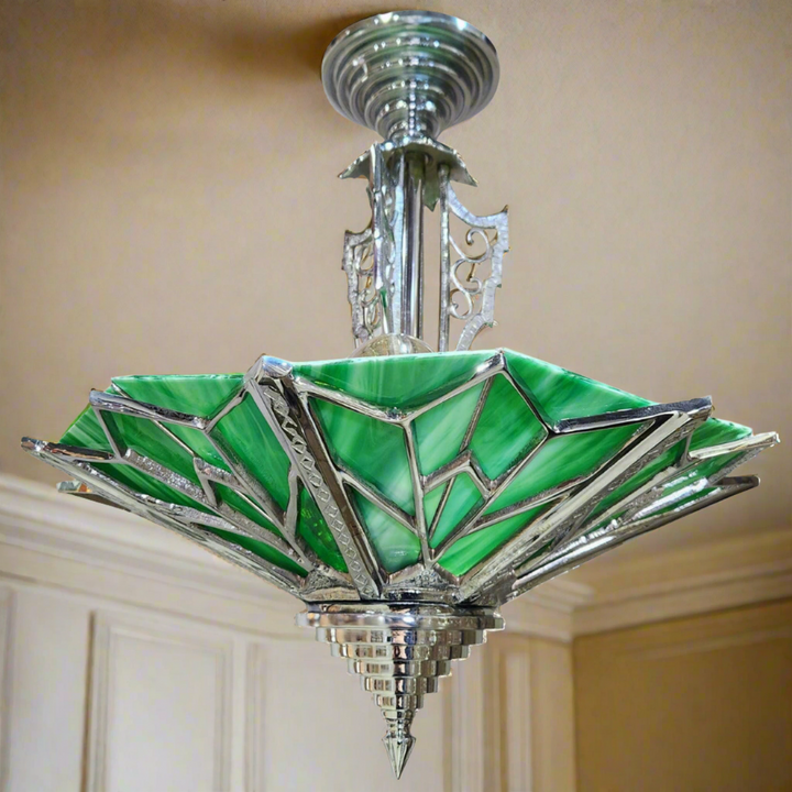 ##Antique Hardware## 17 Inch Classic Art Deco Close Ceiling Light with Deco Green Glass (Polished Chrome Finish)