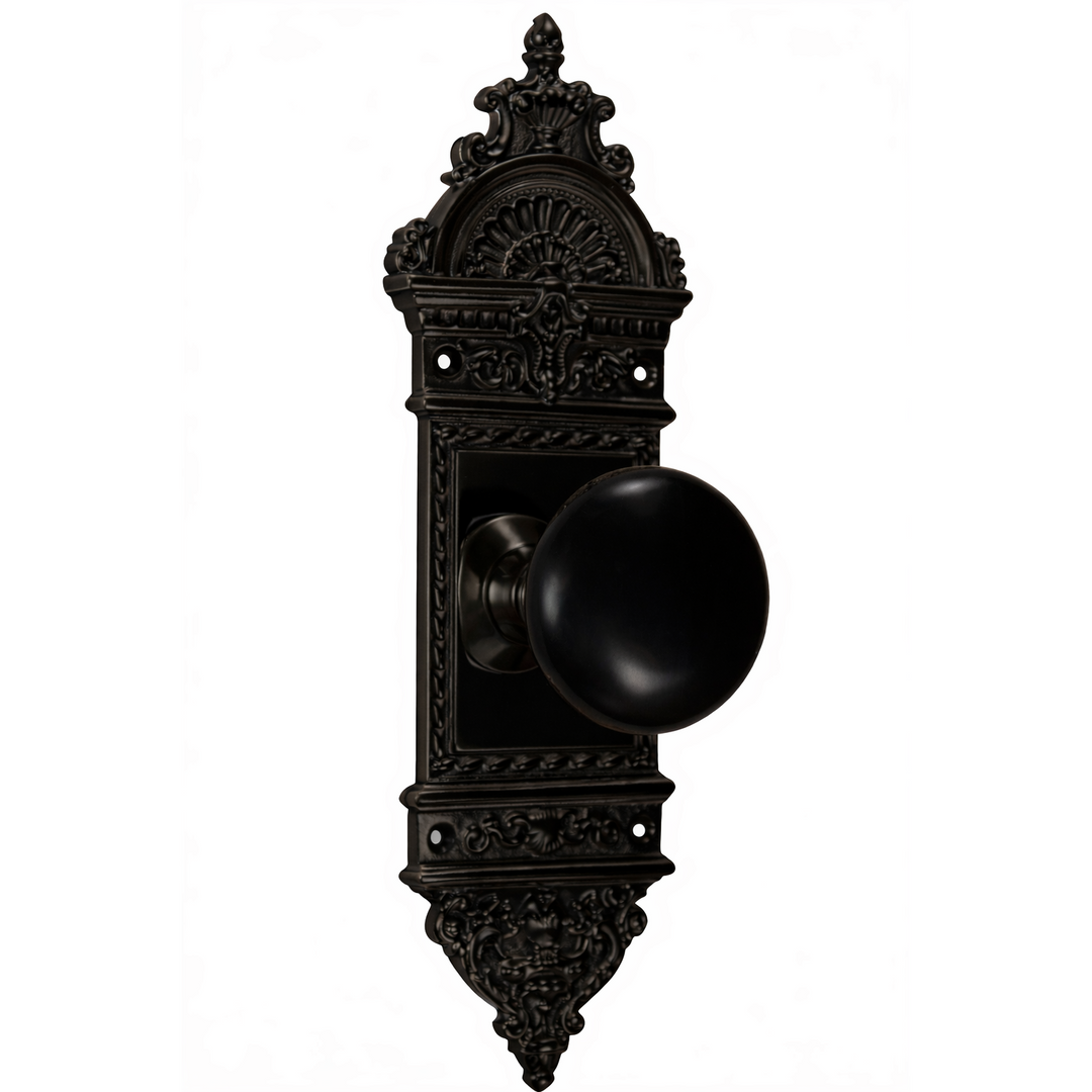 L'Enfant Small Backplate Door Set with Black Porcelain Door Knobs (Several Finishes Available)