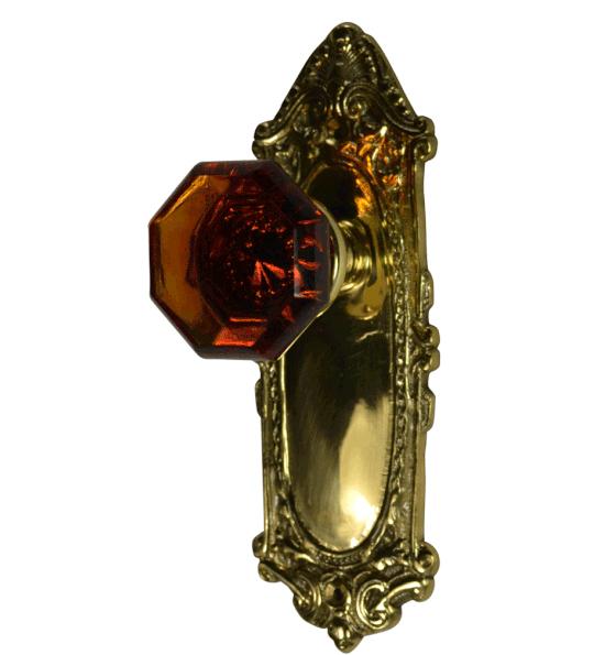 ##Antique Hardware## Ornate Victorian Long Backplate Door Set with Octagon Amber Glass Door Knobs (Several Finishes Available)