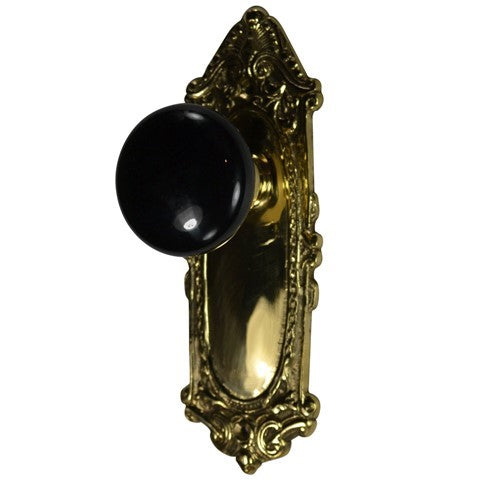 ##Antique Hardware## Black Porcelain Door Knob Set with Largo Design Backplate