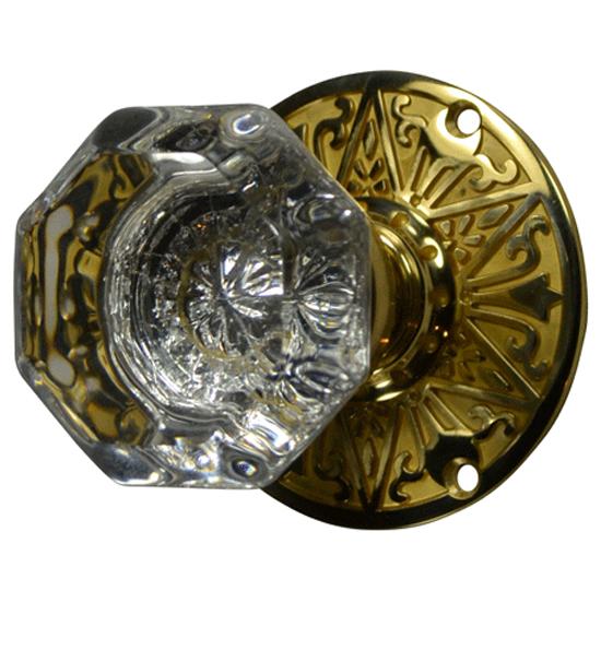 ##Antique Hardware## Crystal Octagon Door Knob Set with Solid Brass Eastlake Rosettes (Several Finishes Available)